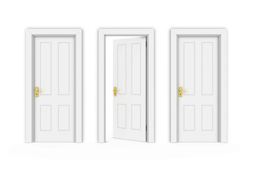 Half Open White Door in Line of Three - Isolated on White 3D Illustration