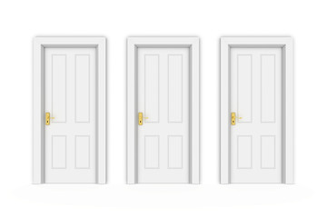 Three Closed White Doors in Line - Isolated on White 3D Illustration
