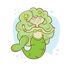 Card with cute cartoon mermaid. Fairy-tale characters.  Children's illustration. Vector image.