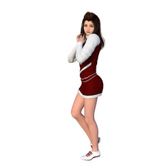 Fototapeta premium One young girl in white-red uniform of cheerleader. Folds hands together