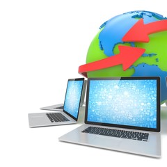 Laptop network around earth globe. 3d rendering.