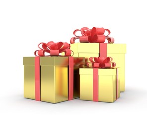 three gift boxes with bows isolated on white. 3d rendering.