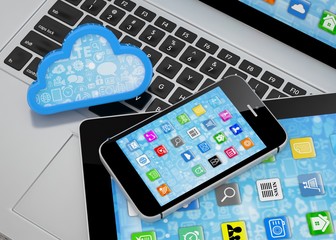 laptop, tablet pc, smart phone and cloud. 3d rendering.