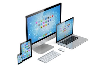 Ultimate web design, laptop, smartphone, tablet, computer, display. 3d rendering.