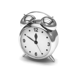 Chrome alarm clock on white. 3d rendering.