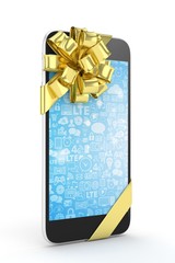 Black phone with golden bow and blue screen. 3D rendering.