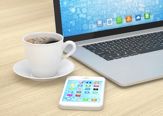 Laptop smartphone and coffee cup on wood. 3d rendering.