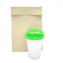 Coffee to go and lunch bag, on white. 3d rendering.