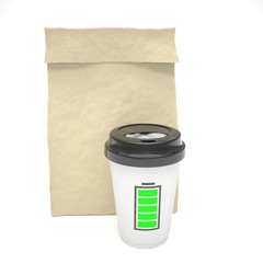 Coffee to go and lunch bag, on white. 3d rendering.