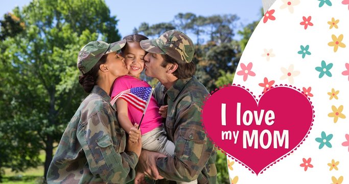 Composite image of army couple kissing daughter