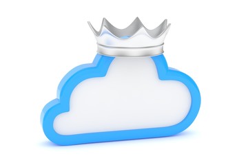 Isolated blue cloud icon with silver crown on white background. Symbol of communication, network and technology. Broadband. Online database. 3D rendering.