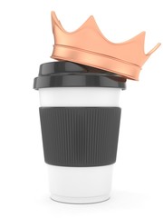 Coffee cup with bronze crown on white background. Concept of luxury royal coffee. 3D rendering.