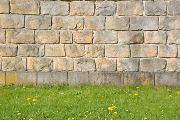 Stone wall with green grass