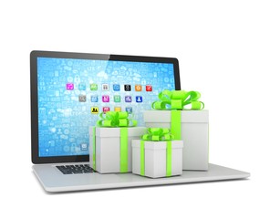 Gift box with ribbon bow on laptop keyboard. 3d rendering.