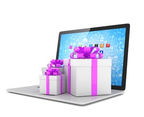 Gift box with ribbon bow on laptop keyboard. 3d rendering.