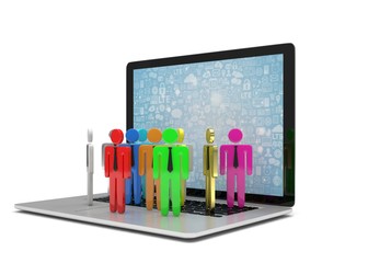 group of people figures on laptop, 3d render