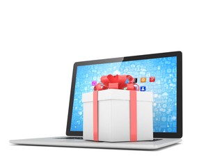 Gift box with ribbon on laptop keyboard. 3d rendering.