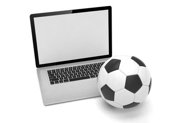 laptop and soccer football ball. on line soccer betting concept. 3d rendering.
