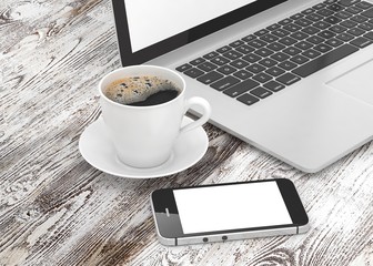 Laptop smartphone and coffee cup on wood. 3d rendering.