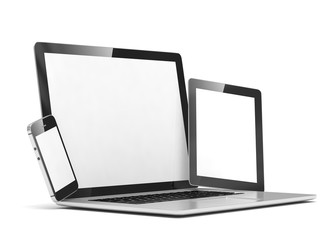 laptop, tablet, phone, on white. 3d rendering.