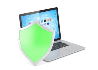 Laptop and shield on white, computer security concept. 3d rendering.