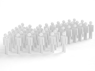 Many 3d people figure in arrow shape with the leader in front. 3d rendering.