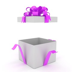 open gift box with bows isolated on white. 3d rendering.