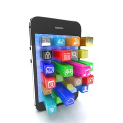  application software icons extruding from smartphone, isolated on white. 3d rendering.