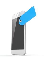 White smart phone with blue price tag on white background. Identification, price, label. 3D rendering.