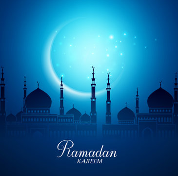 Crescent Moon and Silhouette Mosque in the Bright Night for Ramadan Kareem Background. Vector Illustration
