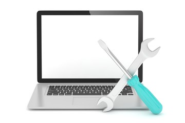 3D Illustration Wrench and screwdriver on laptop, service concept