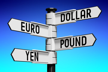 Fototapeta premium Signpost with four arrows - currencies