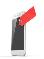 White smart phone with red price tag on white background. Identification, price, label. 3D rendering.