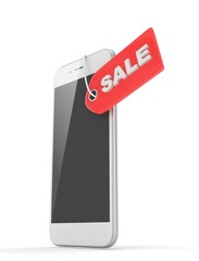 White smart phone with red sale label on white background. Best offer. Leader of sales. 3D rendering.