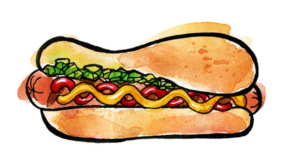 Hot Dog with mustard, ketchup and green relish isolated on white background