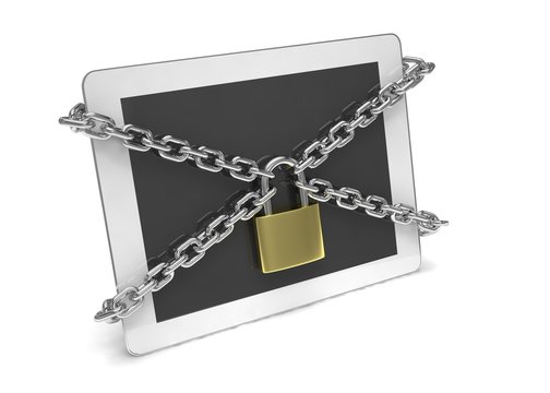 tablet PC with chains and lock isolated on white background. 3d rendering.