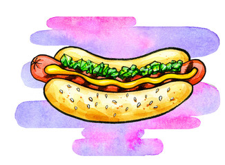 Hot Dog with mustard, ketchup and grill marks