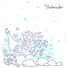 Background underwater seabed with rocks, corals, shell, bottle with sailboat. 