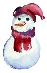 Cute snowman in a red hat and scarf