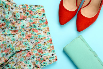 skirt red womens shoes and purse turquoise on turquoise background