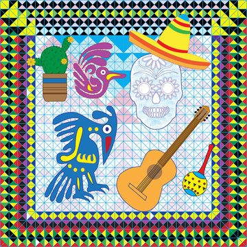Vector set of colorful objects, cartoons and icons of Mexico. Il