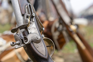 Reenactment of the Battle of the Three Emperors (Battle of Austerlitz) in 1805. Detail of a rifle.