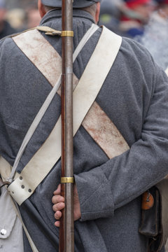 Detail view of soldier uniform from 1800s. Reenactment of the Battle of the Three Emperors (Battle of Austerlitz) in 1805.