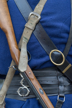 Detail view of soldier uniform from 1800s. Reenactment of the Battle of the Three Emperors (Battle of Austerlitz) in 1805.