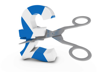 Scotland Price Cut/Deflation Concept - Scottish Flag Pound Symbol Cut in Half with Scissors - 3D Illustration
