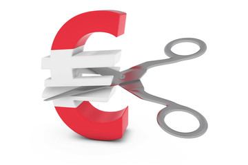 Austria Price Cut/Deflation Concept - Austrian Flag Euro Symbol Cut in Half with Scissors - 3D Illustration