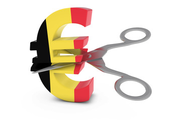 Belgium Price Cut/Deflation Concept - Belgian Flag Euro Symbol Cut in Half with Scissors - 3D Illustration