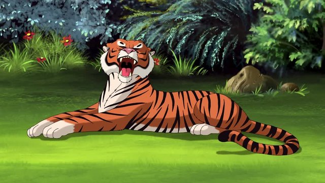 Bengal tiger lying on meadow. 
Full color handmade animation in UHD
