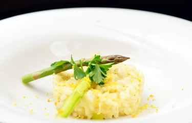 Vegetarian Risotto with asparagus and Parmesan cheese.