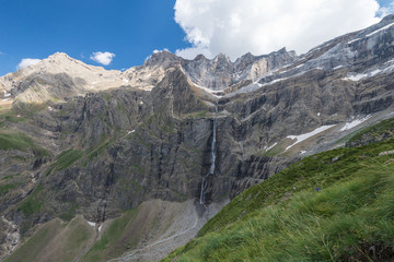 Scenic view of famous Cirque de Gavarnie with Gavarnie Fall in Pyrenees National Park.